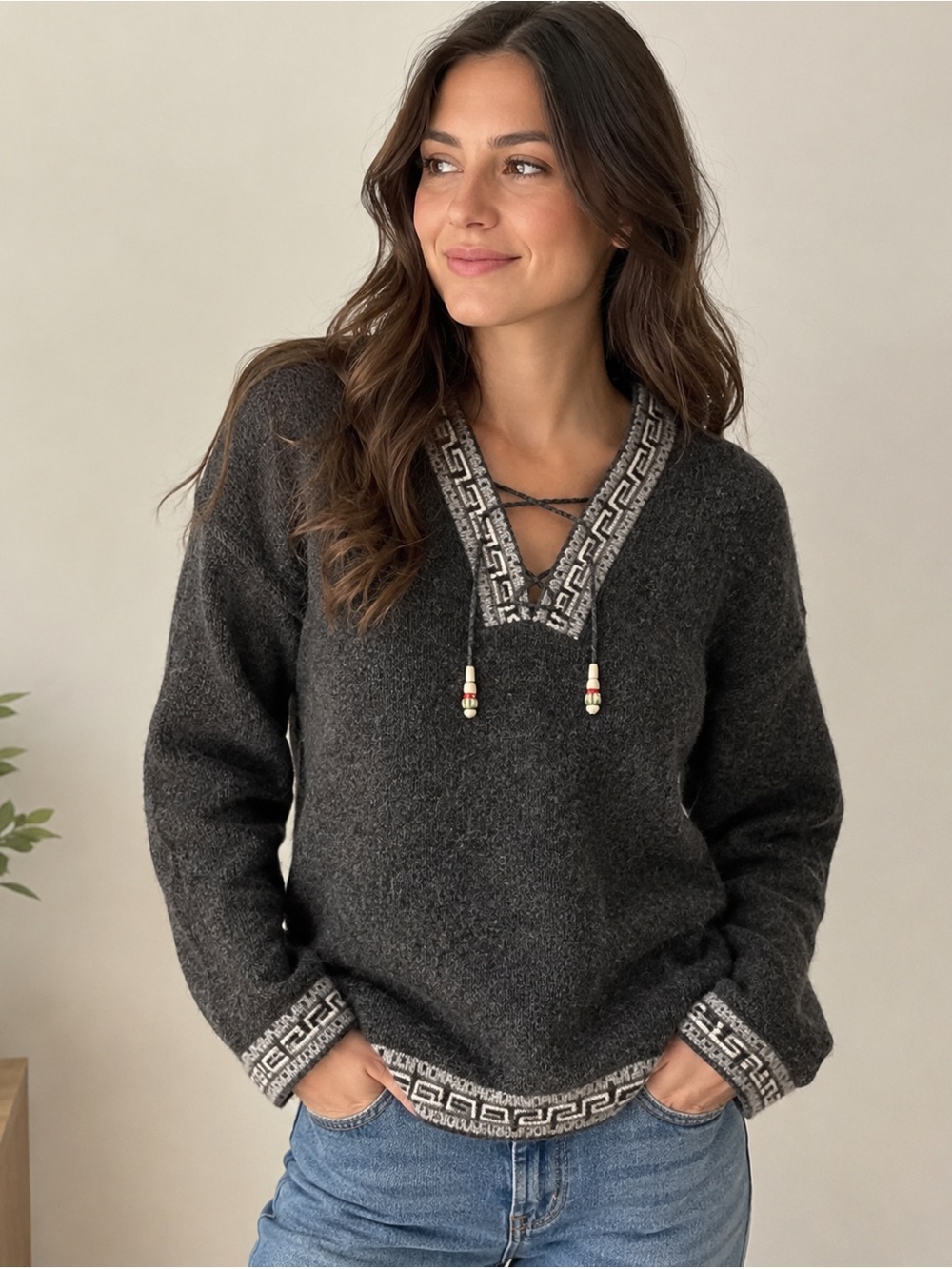 100% Alpaca Peru Gray Geometric Lace Up Sweater Medium